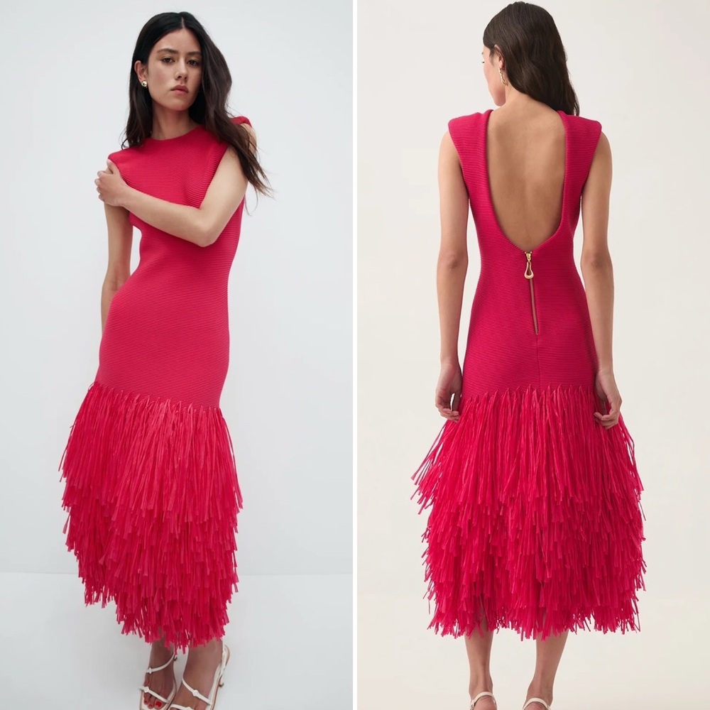 Aje Rushes Raffia Knit Midi Dress xs Australian NWT pink hot deep fuchsia